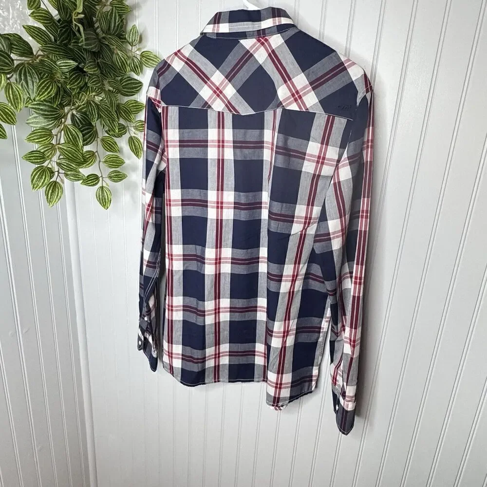 Coastal Men Sz L Button Up Shirt Large Red Navy Plaid Flannel Long Sleeve Collar